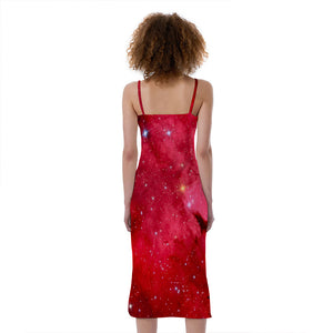 Red Galaxy Space Cloud Print Slim Fit Midi Cami Dress