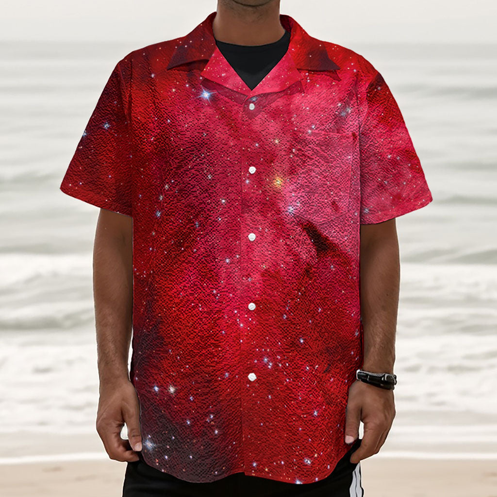 Red Galaxy Space Cloud Print Textured Short Sleeve Shirt