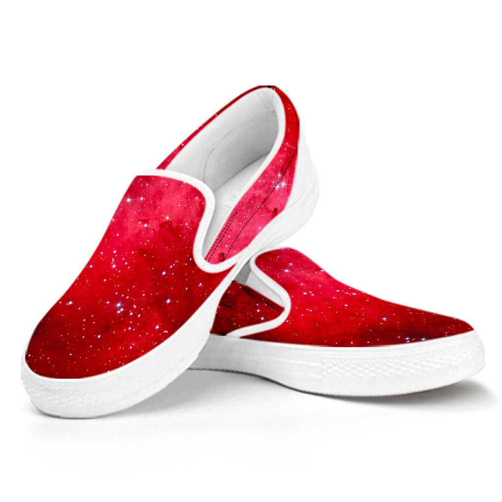 Red Galaxy Space Cloud Print White Slip On Sneakers