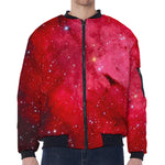 Red Galaxy Space Cloud Print Zip Sleeve Bomber Jacket