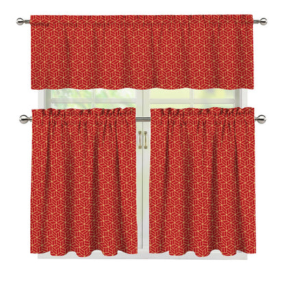 Red Geometric Japanese Pattern Print 3 Piece Kitchen Curtains