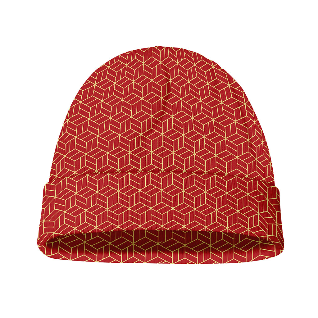 Red Geometric Japanese Pattern Print Beanie