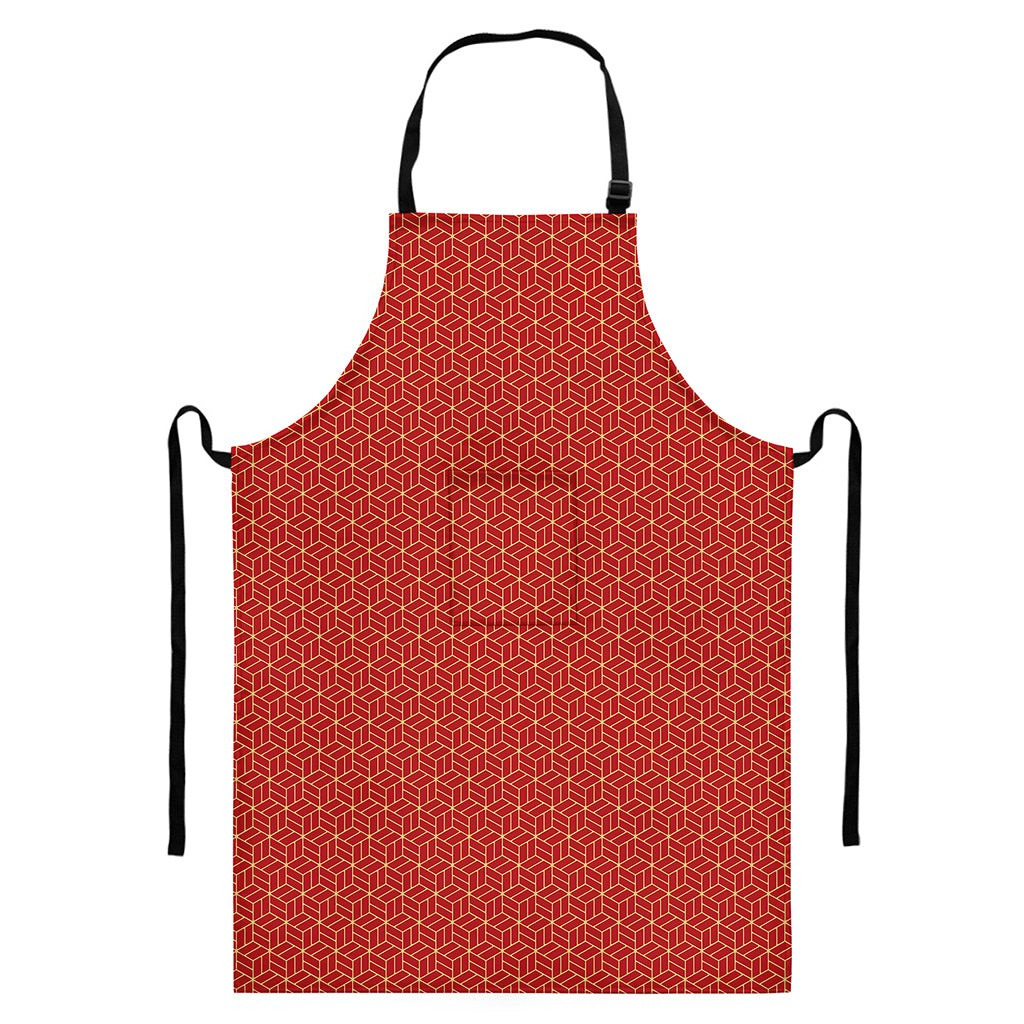 Red Geometric Japanese Pattern Print Bib Apron With Pocket