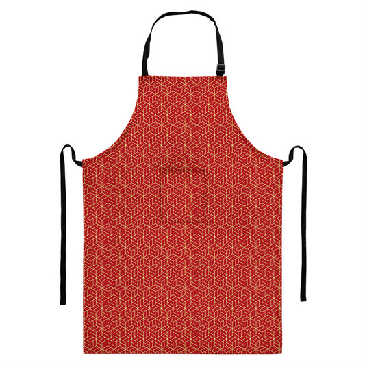 Red Geometric Japanese Pattern Print Bib Apron With Pocket