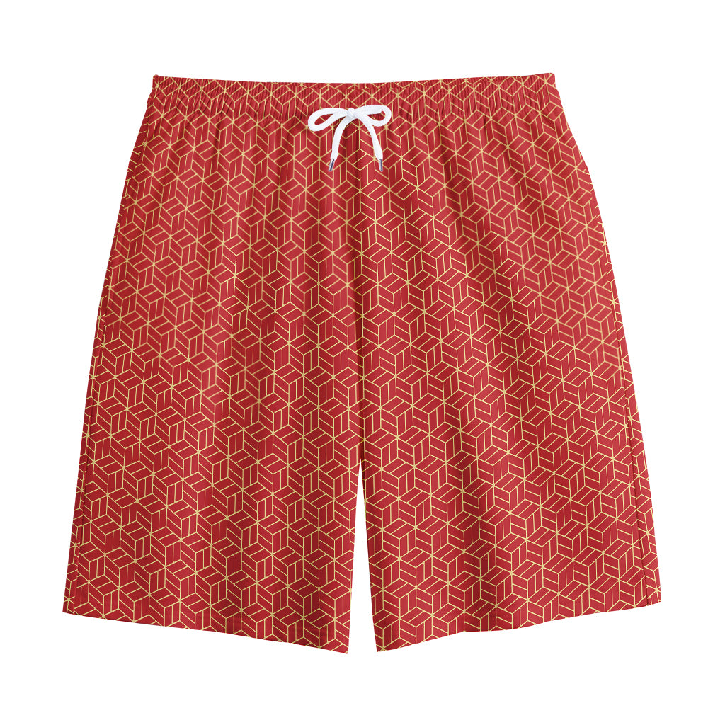 Red Geometric Japanese Pattern Print Cotton Shorts
