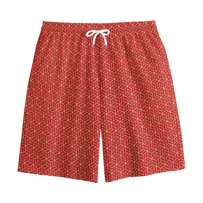 Red Geometric Japanese Pattern Print Cotton Shorts