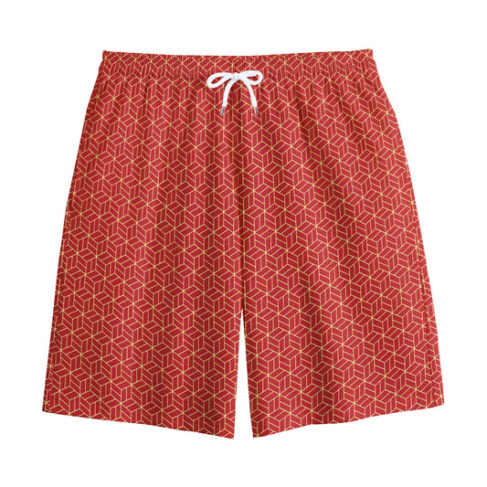 Red Geometric Japanese Pattern Print Cotton Shorts