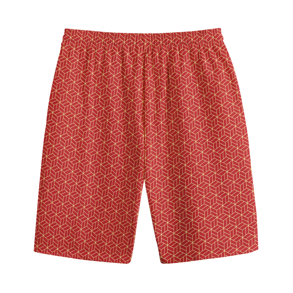 Red Geometric Japanese Pattern Print Cotton Shorts