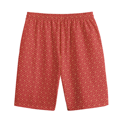Red Geometric Japanese Pattern Print Cotton Shorts