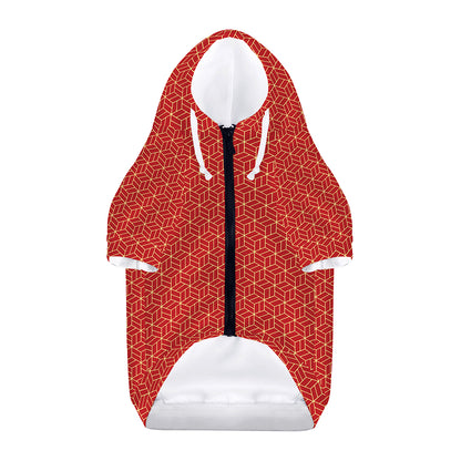 Red Geometric Japanese Pattern Print Dog Zip Up Hoodie