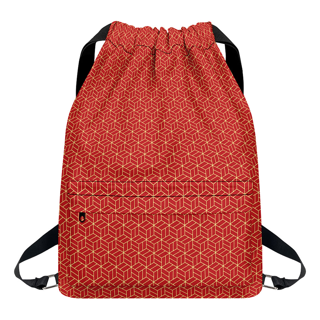 Red Geometric Japanese Pattern Print Drawstring Backpack