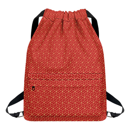 Red Geometric Japanese Pattern Print Drawstring Backpack