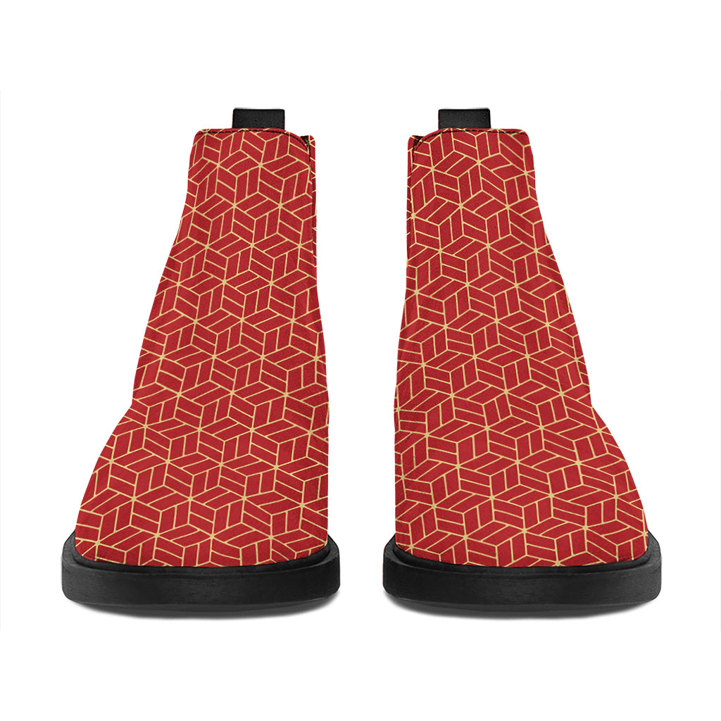 Red Geometric Japanese Pattern Print Flat Ankle Boots