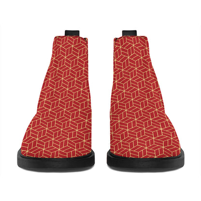 Red Geometric Japanese Pattern Print Flat Ankle Boots