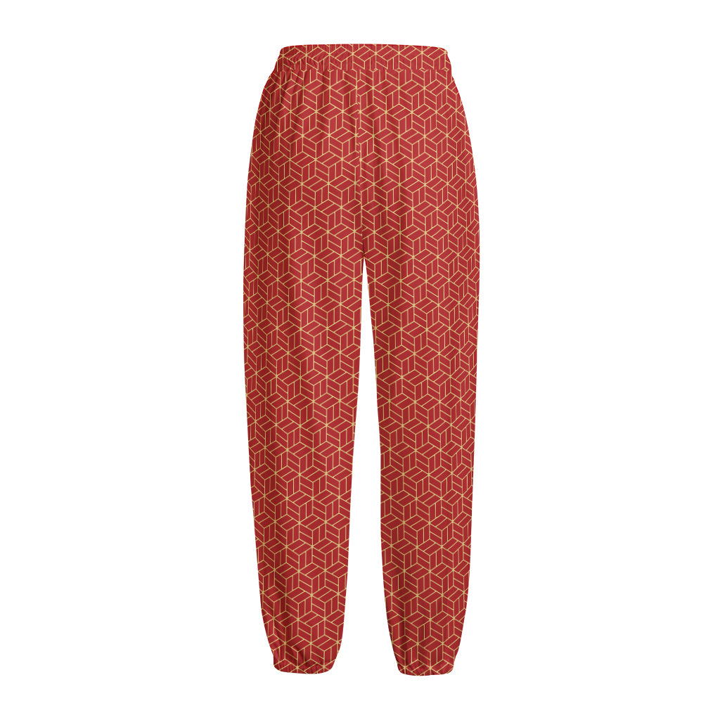 Red Geometric Japanese Pattern Print Fleece Lined Knit Pants