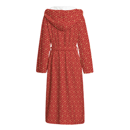 Red Geometric Japanese Pattern Print Hooded Bathrobe