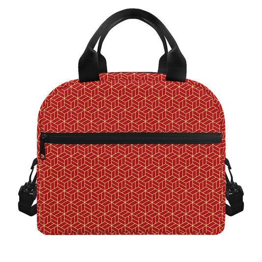 Red Geometric Japanese Pattern Print Insulated Lunch Bag