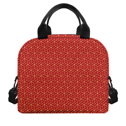 Red Geometric Japanese Pattern Print Insulated Lunch Bag