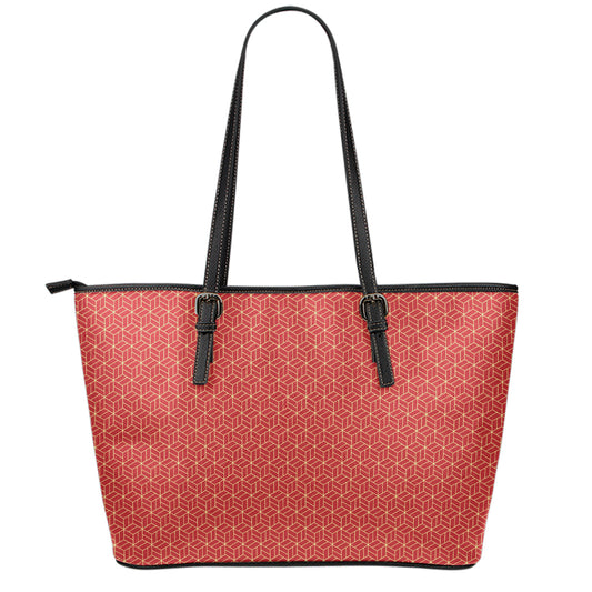 Red Geometric Japanese Pattern Print Leather Tote Bag