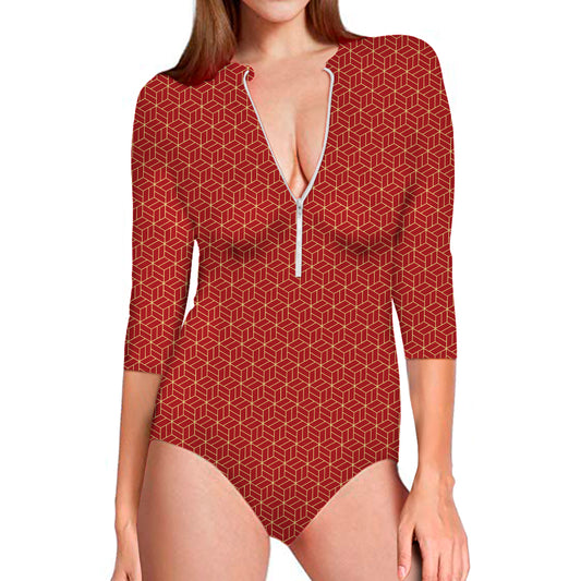 Red Geometric Japanese Pattern Print Long Sleeve Swimsuit