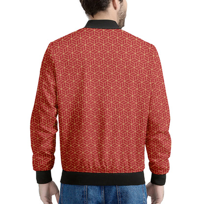 Red Geometric Japanese Pattern Print Men's Bomber Jacket