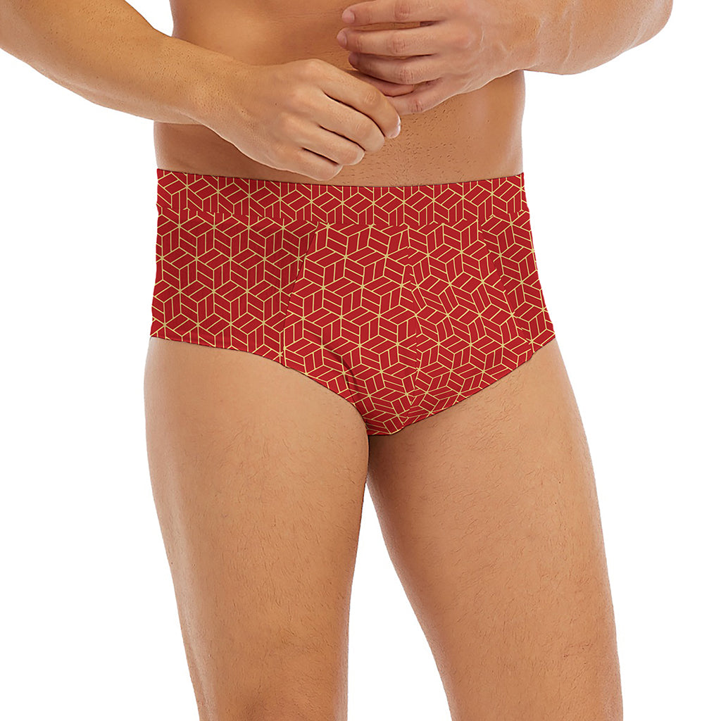 Red Geometric Japanese Pattern Print Men's Briefs