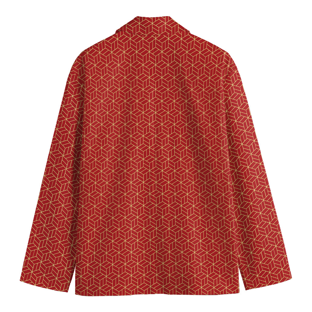 Red Geometric Japanese Pattern Print Men's Cotton Blazer