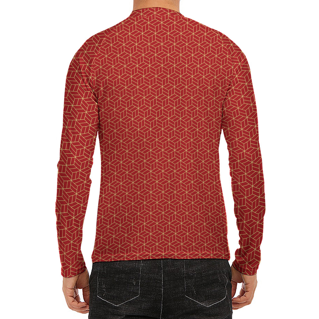 Red Geometric Japanese Pattern Print Men's Long Sleeve Rash Guard