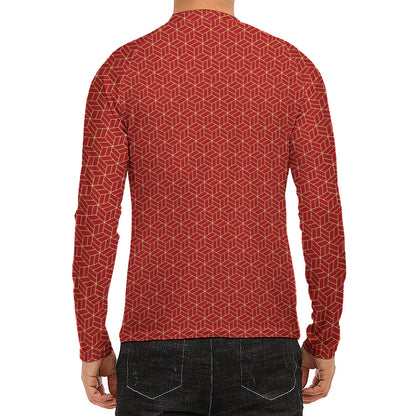 Red Geometric Japanese Pattern Print Men's Long Sleeve Rash Guard
