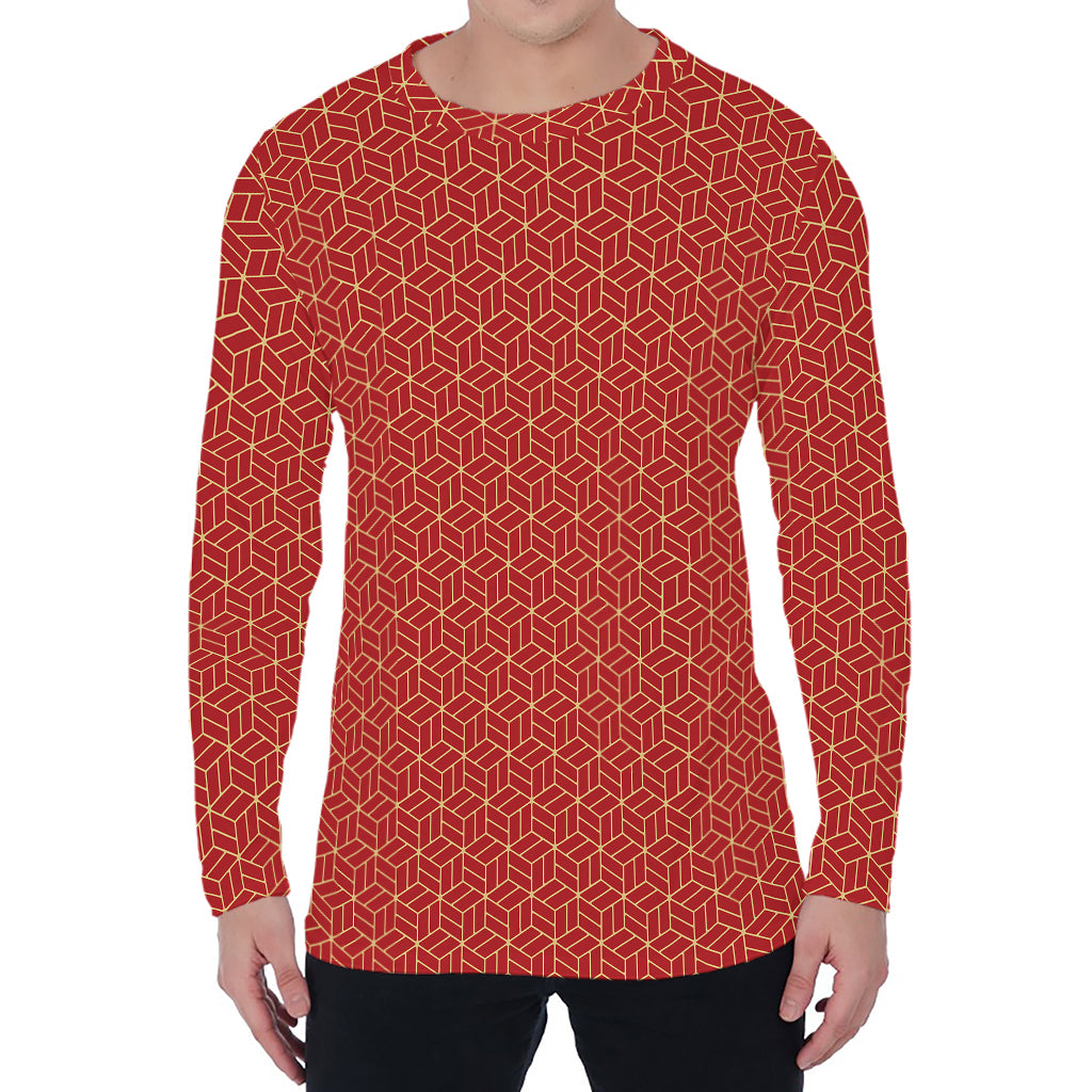 Red Geometric Japanese Pattern Print Men's Long Sleeve T-Shirt