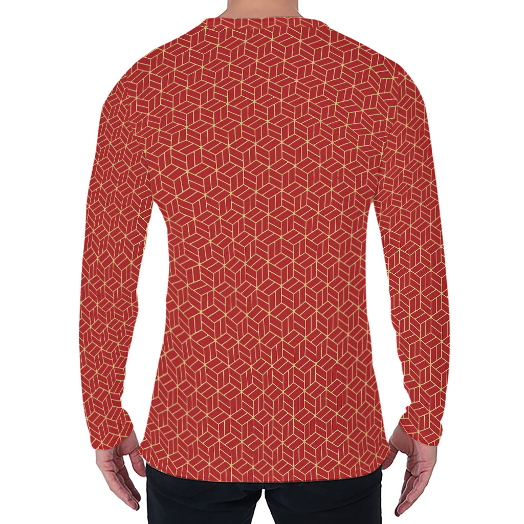 Red Geometric Japanese Pattern Print Men's Long Sleeve T-Shirt