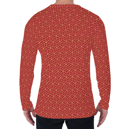 Red Geometric Japanese Pattern Print Men's Long Sleeve T-Shirt