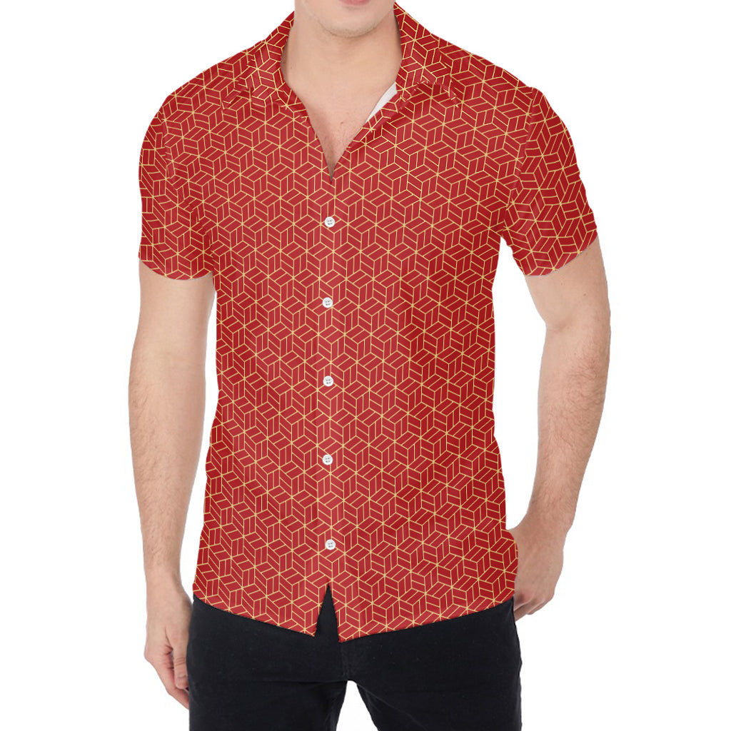 Red Geometric Japanese Pattern Print Men's Shirt