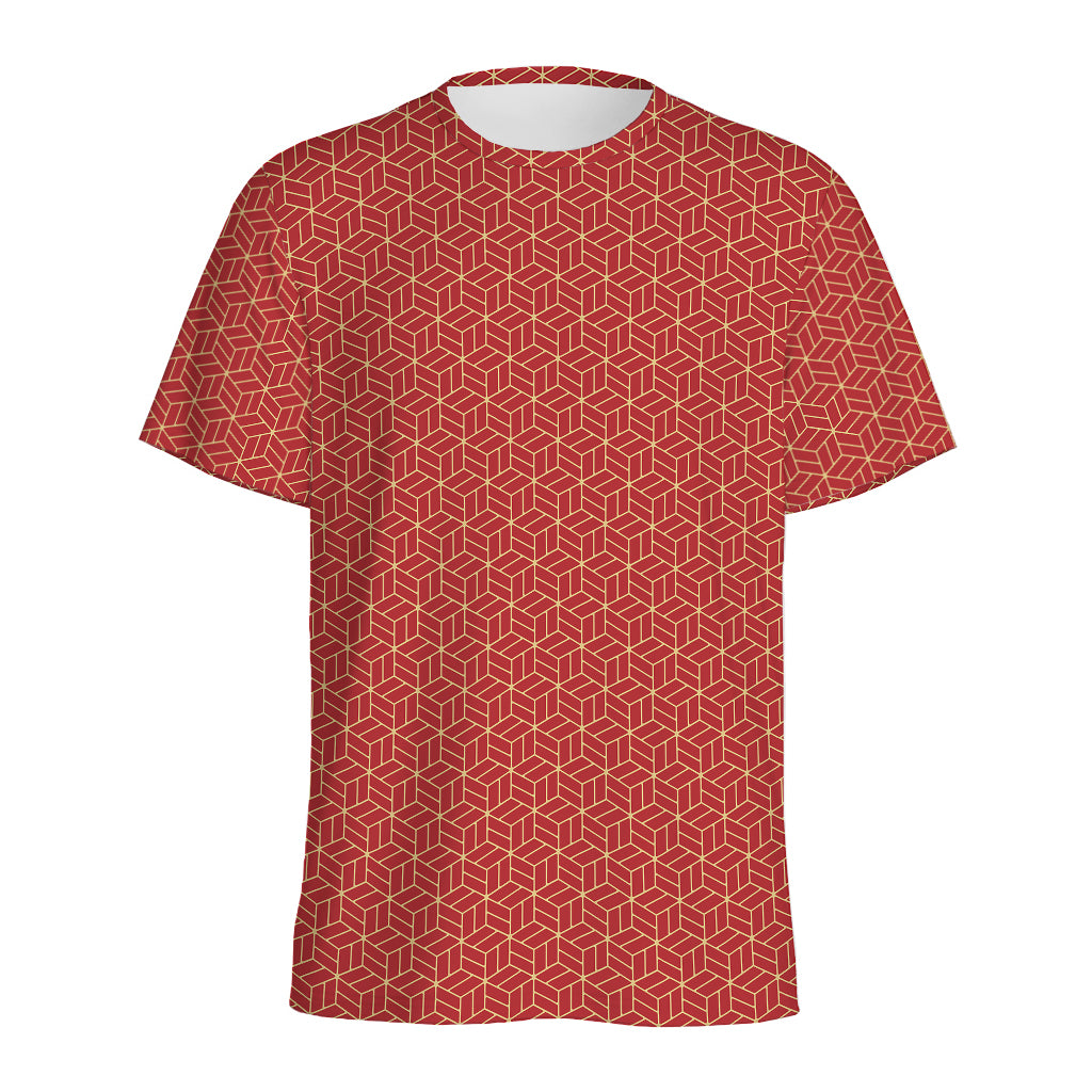 Red Geometric Japanese Pattern Print Men's Sports T-Shirt