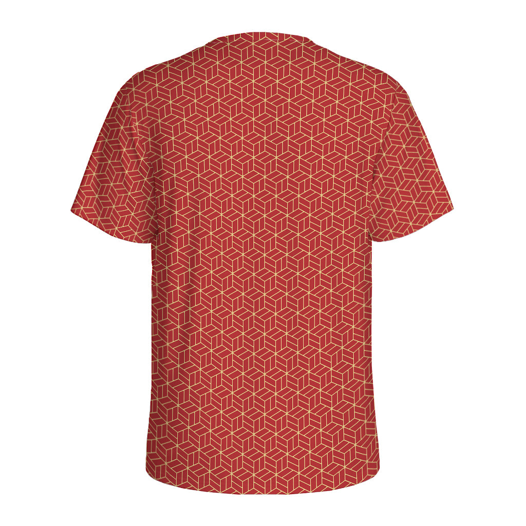 Red Geometric Japanese Pattern Print Men's Sports T-Shirt