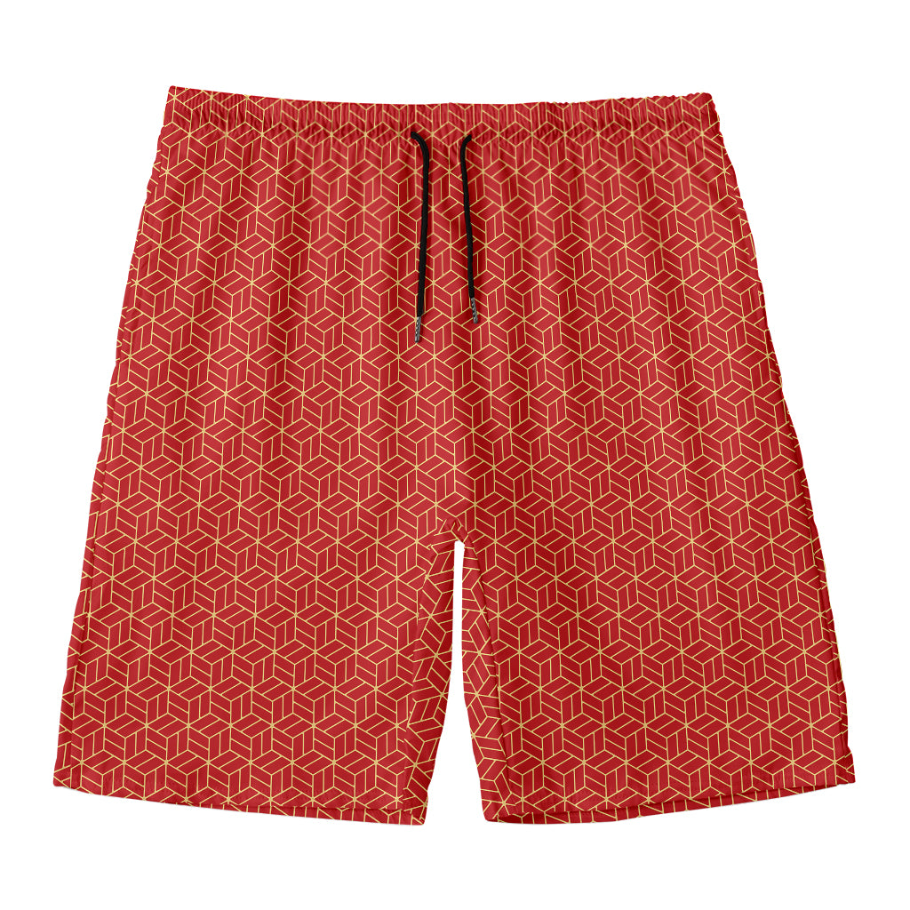 Red Geometric Japanese Pattern Print Men's Swim Trunks
