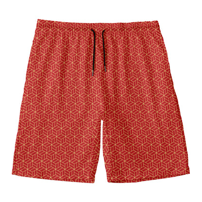 Red Geometric Japanese Pattern Print Men's Swim Trunks