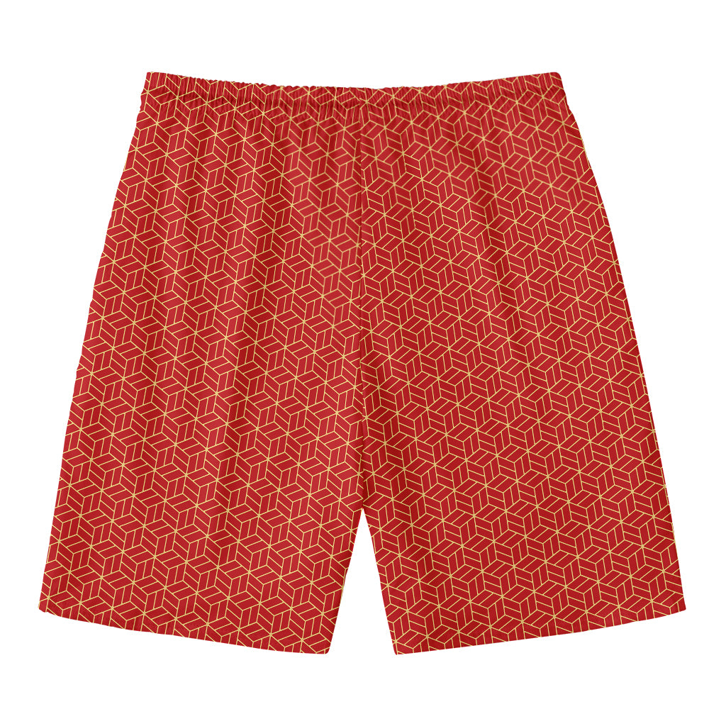 Red Geometric Japanese Pattern Print Men's Swim Trunks