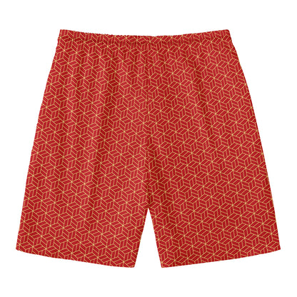Red Geometric Japanese Pattern Print Men's Swim Trunks