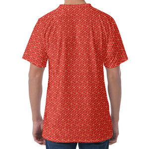 Red Geometric Japanese Pattern Print Men's Velvet T-Shirt