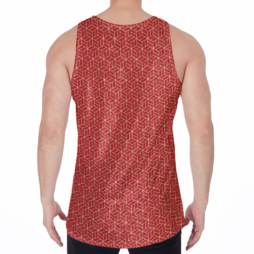 Red Geometric Japanese Pattern Print Men's Velvet Tank Top