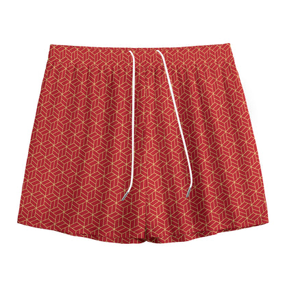 Red Geometric Japanese Pattern Print Mesh Shorts
