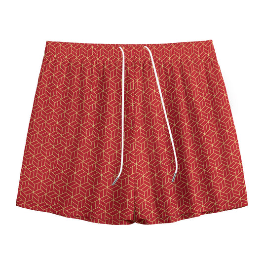Red Geometric Japanese Pattern Print Mesh Shorts