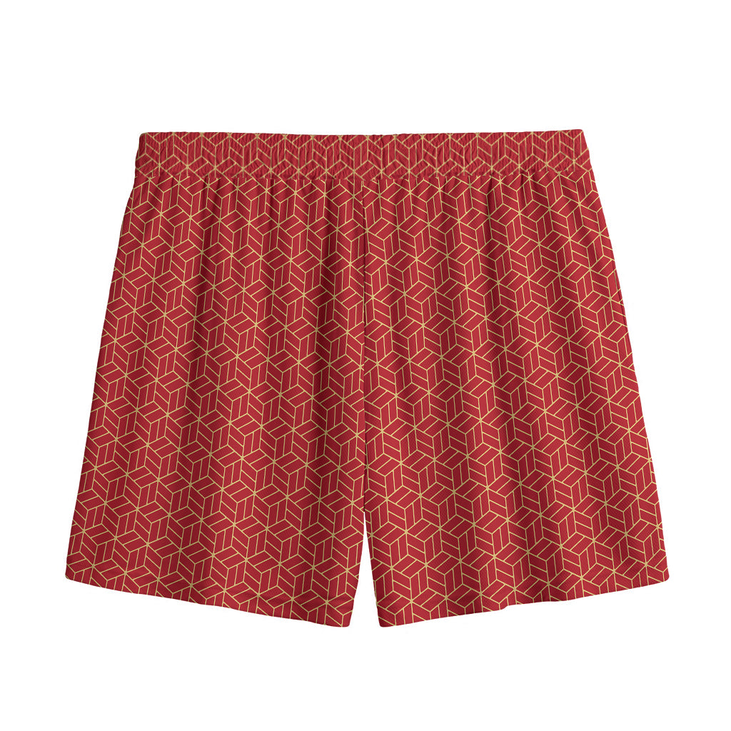 Red Geometric Japanese Pattern Print Mesh Shorts