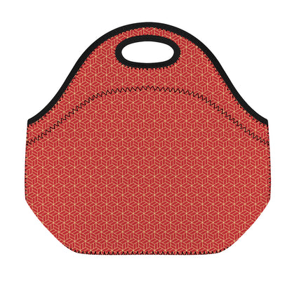 Red Geometric Japanese Pattern Print Neoprene Lunch Bag