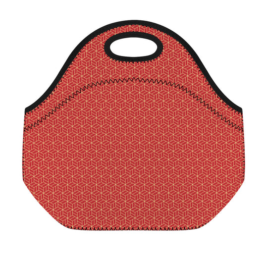 Red Geometric Japanese Pattern Print Neoprene Lunch Bag