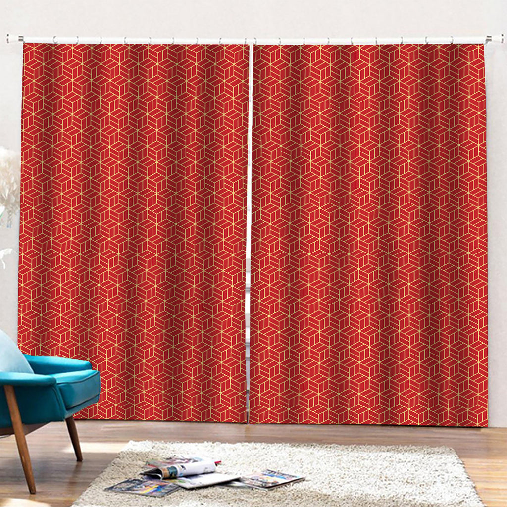 Red Geometric Japanese Pattern Print Pencil Pleat Curtains