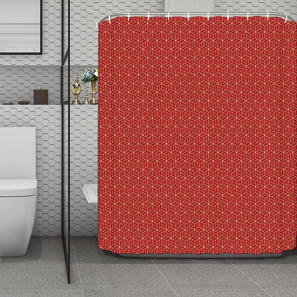 Red Geometric Japanese Pattern Print Polyester Shower Curtain