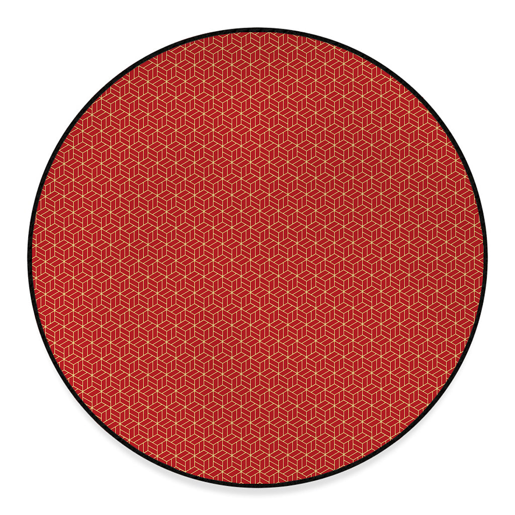 Red Geometric Japanese Pattern Print Round Floor Mat