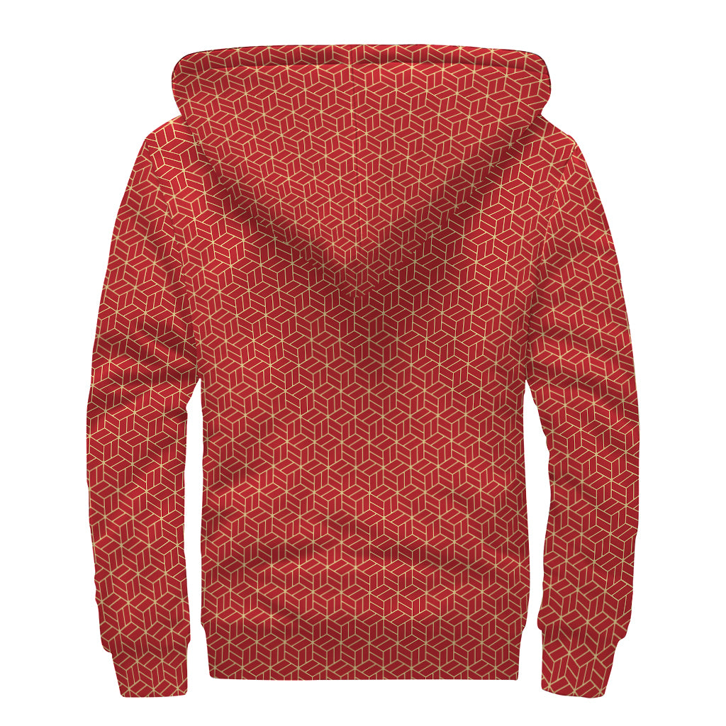 Red Geometric Japanese Pattern Print Sherpa Lined Zip Up Hoodie
